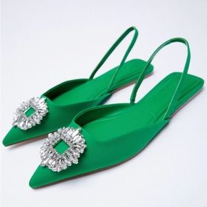 Zara flats size 9, Green Satin, crystal buckle, slingback. Pointy toe.